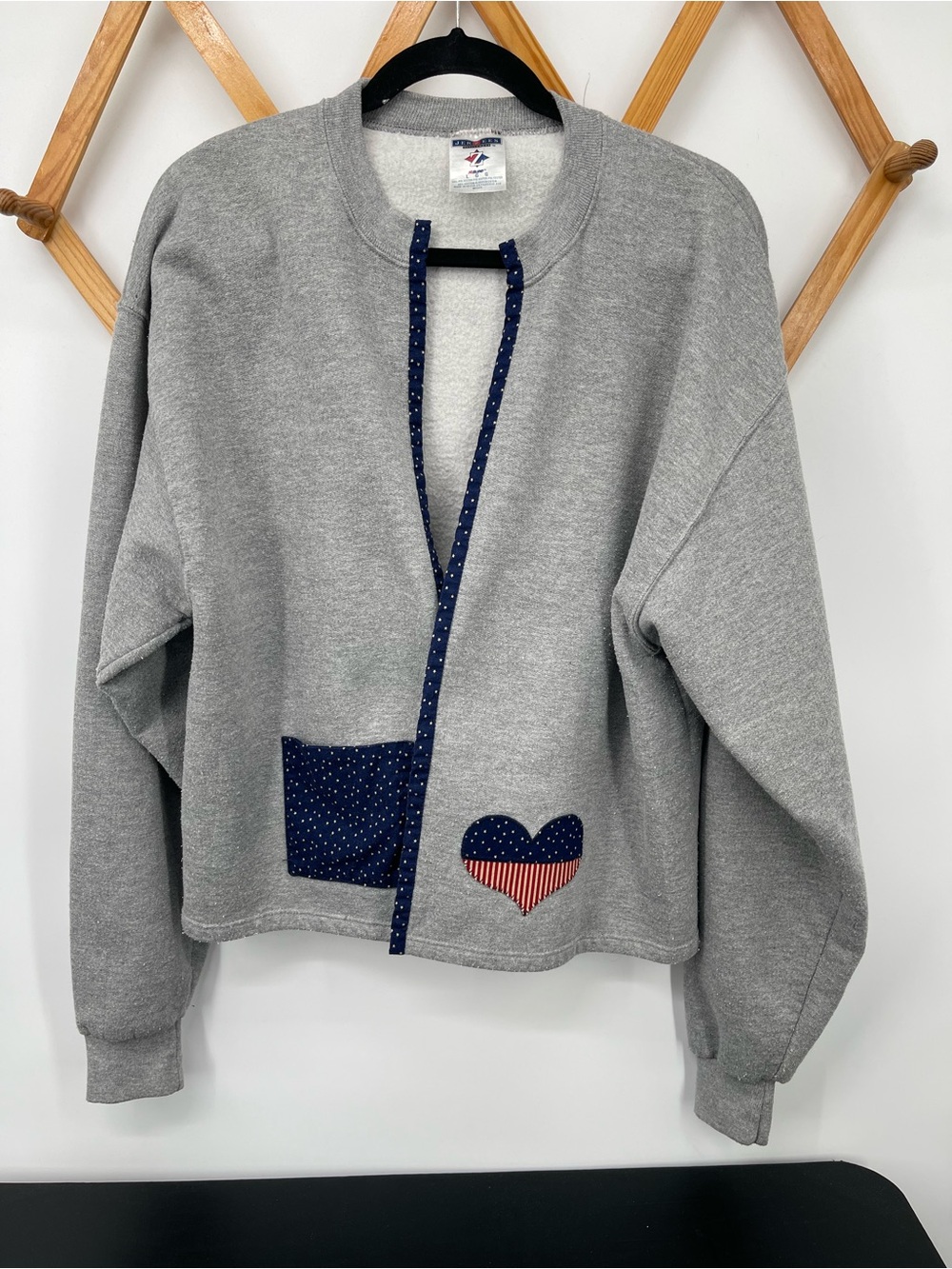 ⭐️Jerzees Gray Sweatshirt DIY Repurposed Flag Jacket USA